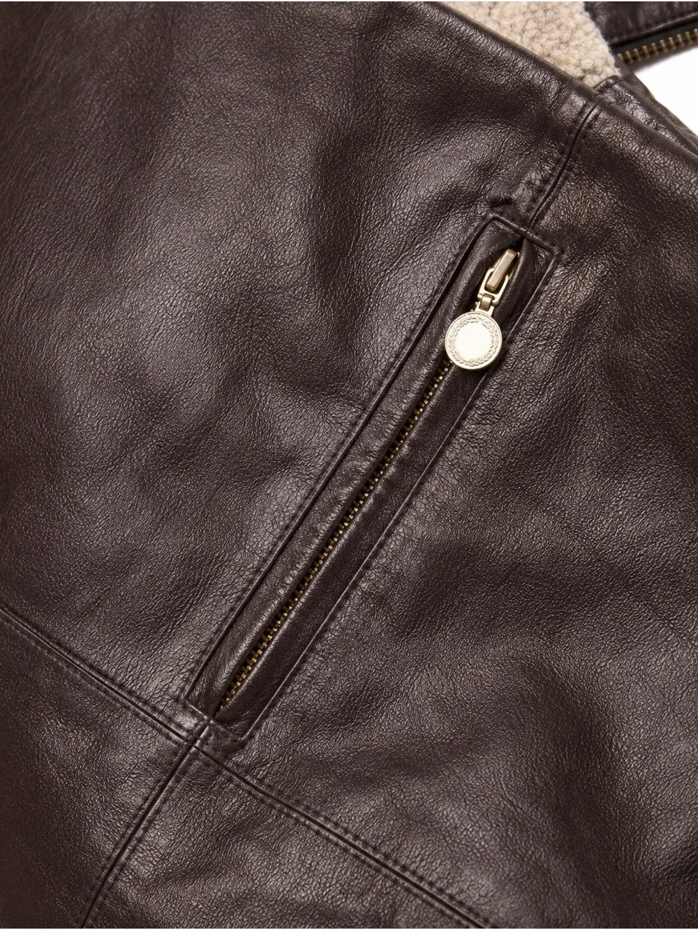 Men's Dark Brown Leather Bomber Jacket with Cream Sherpa